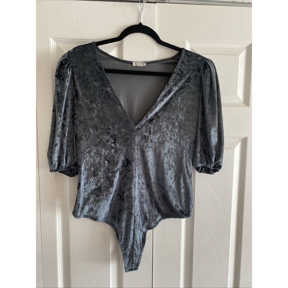 Free People Intimately Bodysuit Womens Size XS Grey Crushed Velvet Puff Sleeve